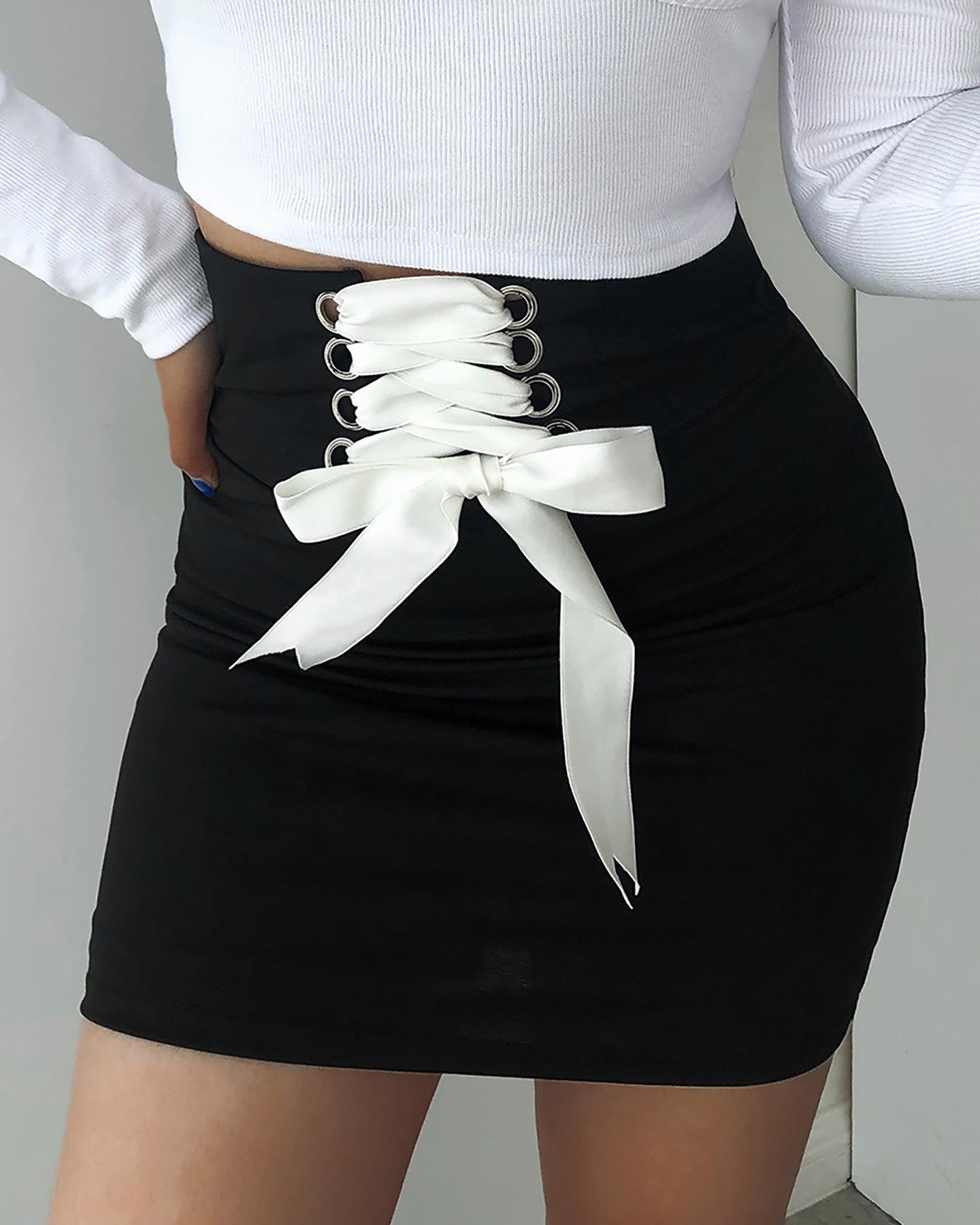 

Eyelet Lace-up High Waist Skirt, Black