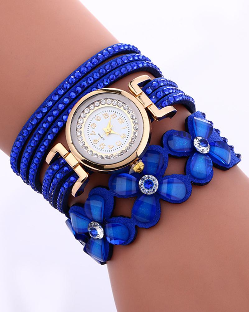 

1pc Rhinestone Floral Pattern Stackable Bangle Quartz Watch, Dark blue