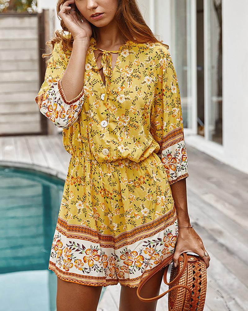 

Tie-Up Button Front Boho Romper, Yellow