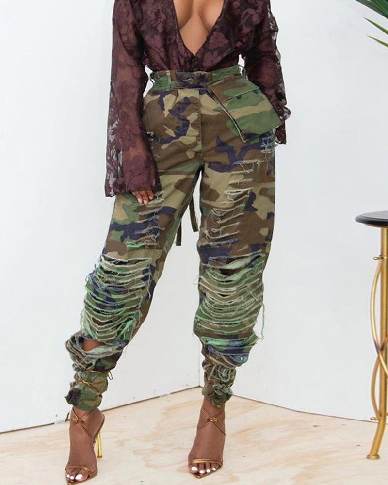 

Camouflage Print Ladder Cutout Ripped High Waist Cargo Pants, Green