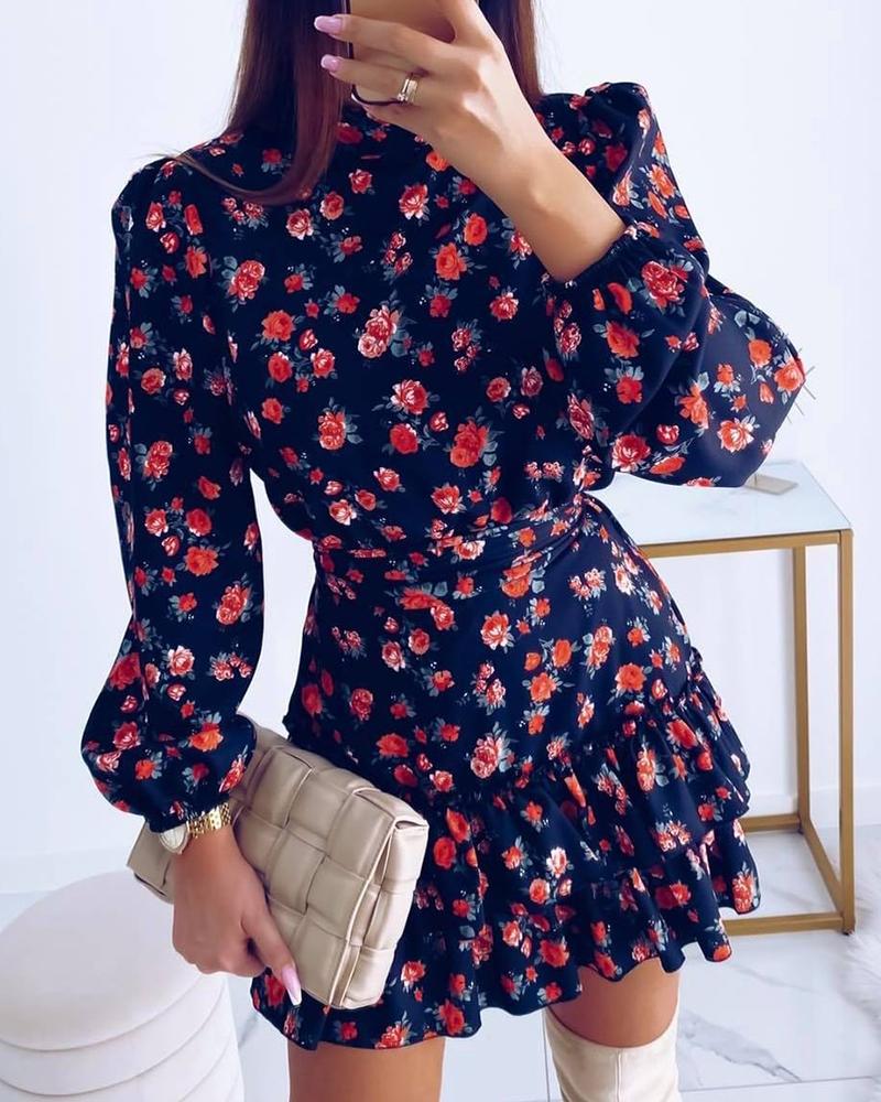 

Floral Print Lantern Sleeve Ruched Casual Dress, Purplish blue