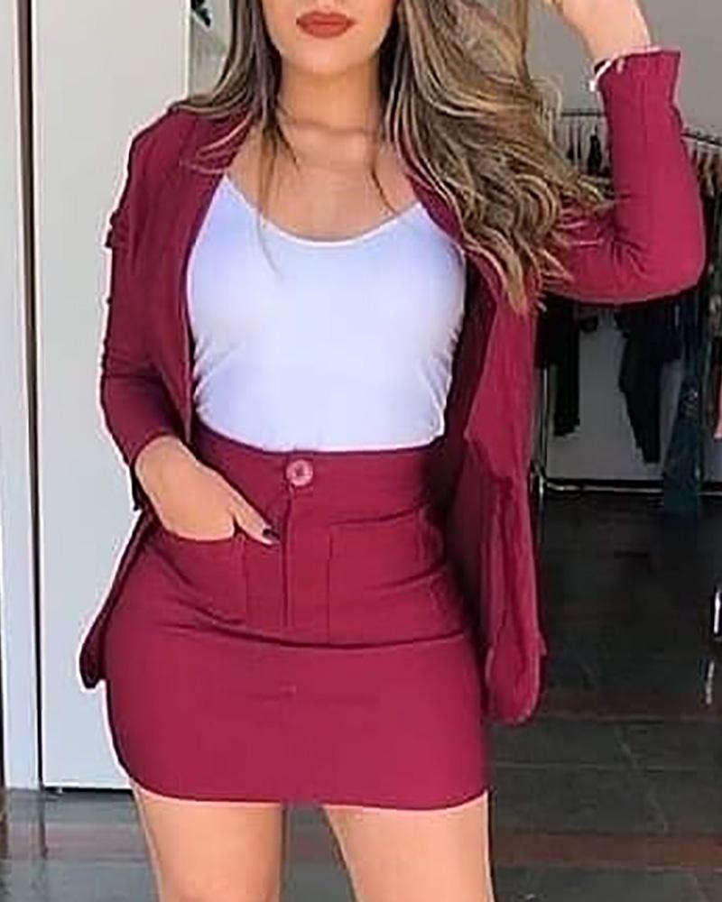 

Long Sleeve Blazer Coat & Pockets Skirt Set, Wine red