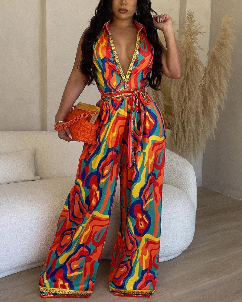 

Multi-Color Abstract Print Wide Leg Jumpsuit, Multicolor