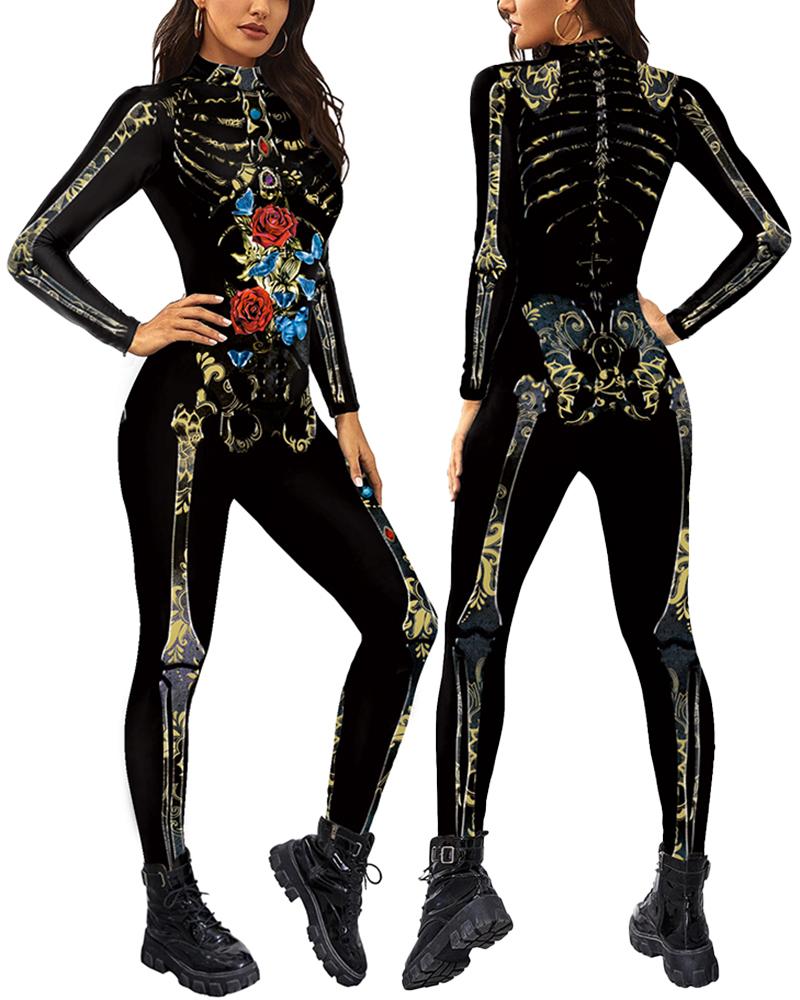

Halloween Skeleton Floral Print Costume Jumpsuit, Black