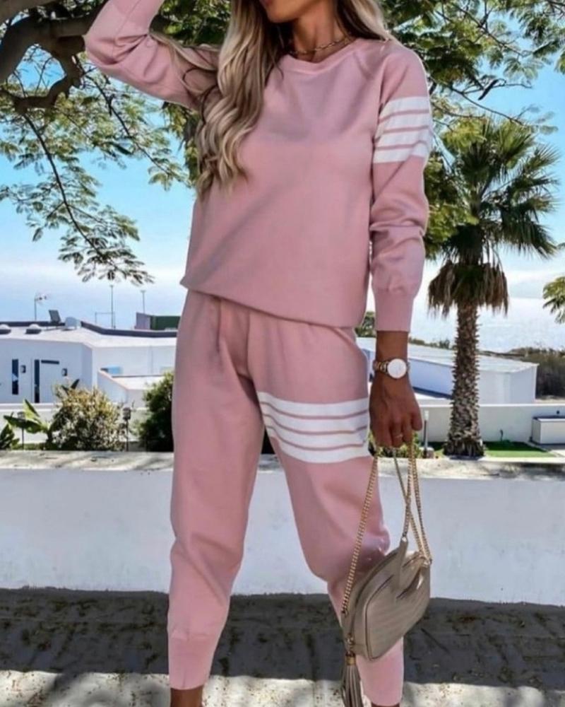 

Long Sleeve Striped Print Top & Drawstring Pants Set, Pink