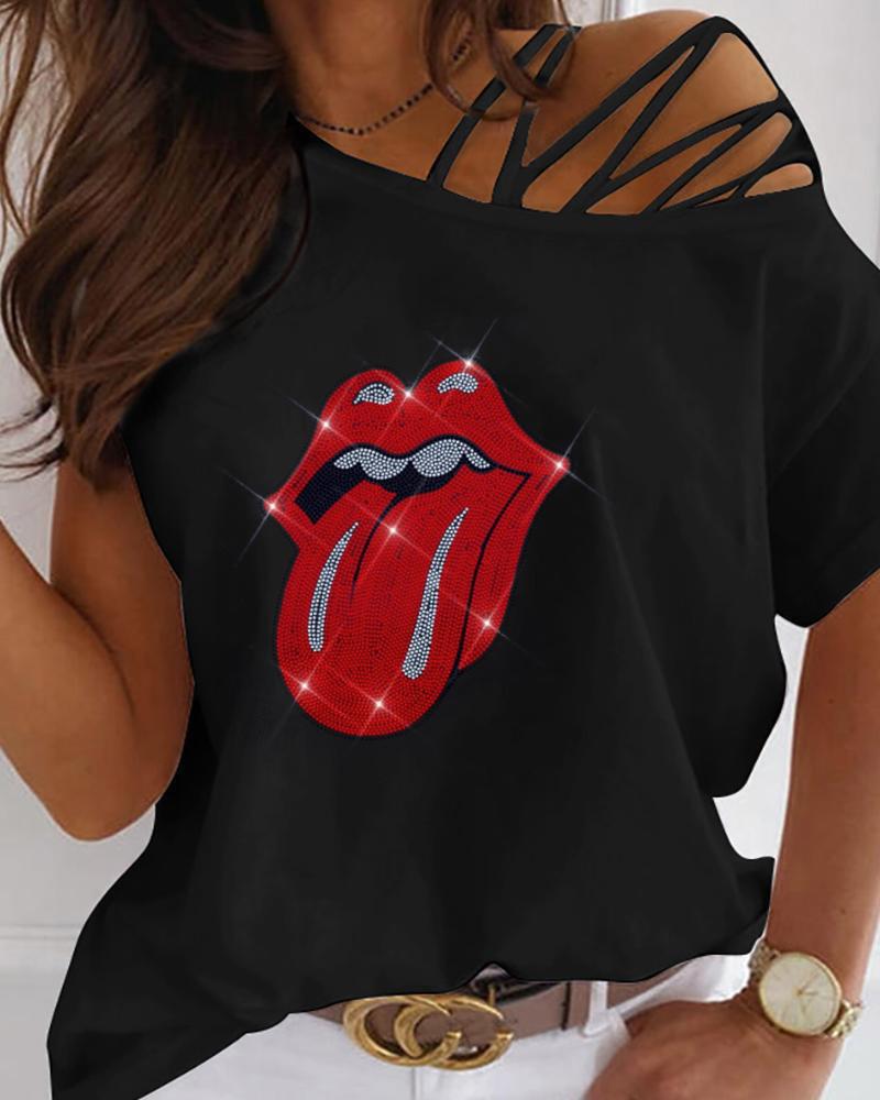 

Rhinestone Lip Pattern Cold Shoulder Top, Black