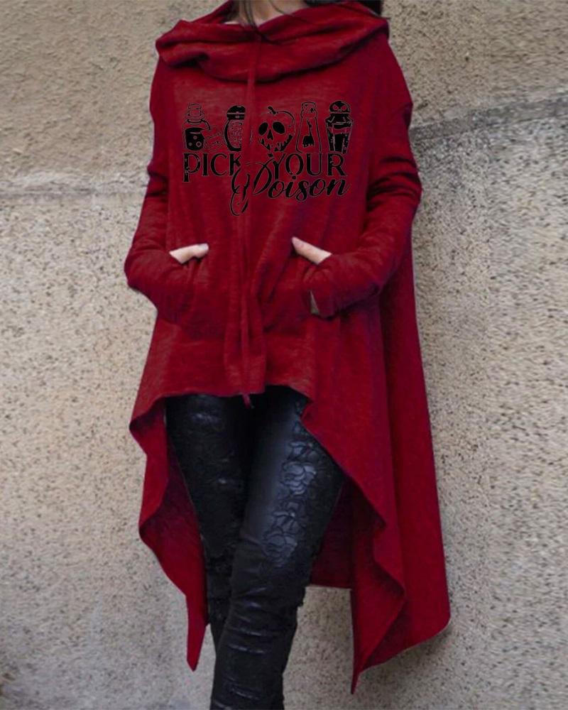 

Halloween Graphic Print Dip Hem Hooded Sweatshirt, Red