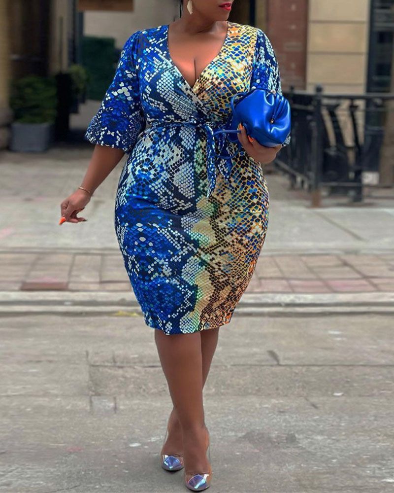 

Geometric Print Surplice Neck Belted Bodycon Dress, Blue