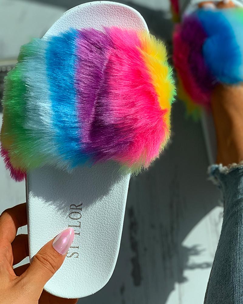 

Peep Toe Colorblock Fluffy Slipper, White