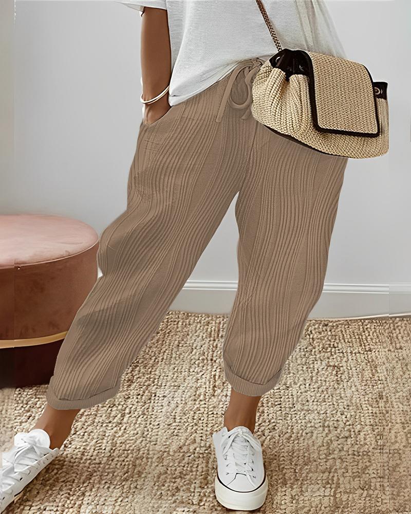 

Pocket Design Drawstring Textured Pants, Brown