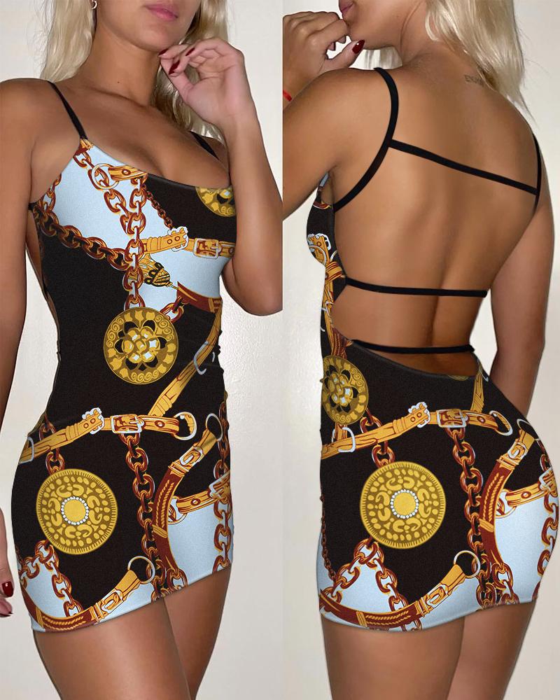 

Scarf Chain Print Spaghetti Strap Backless Bodycon Dress, Multicolor