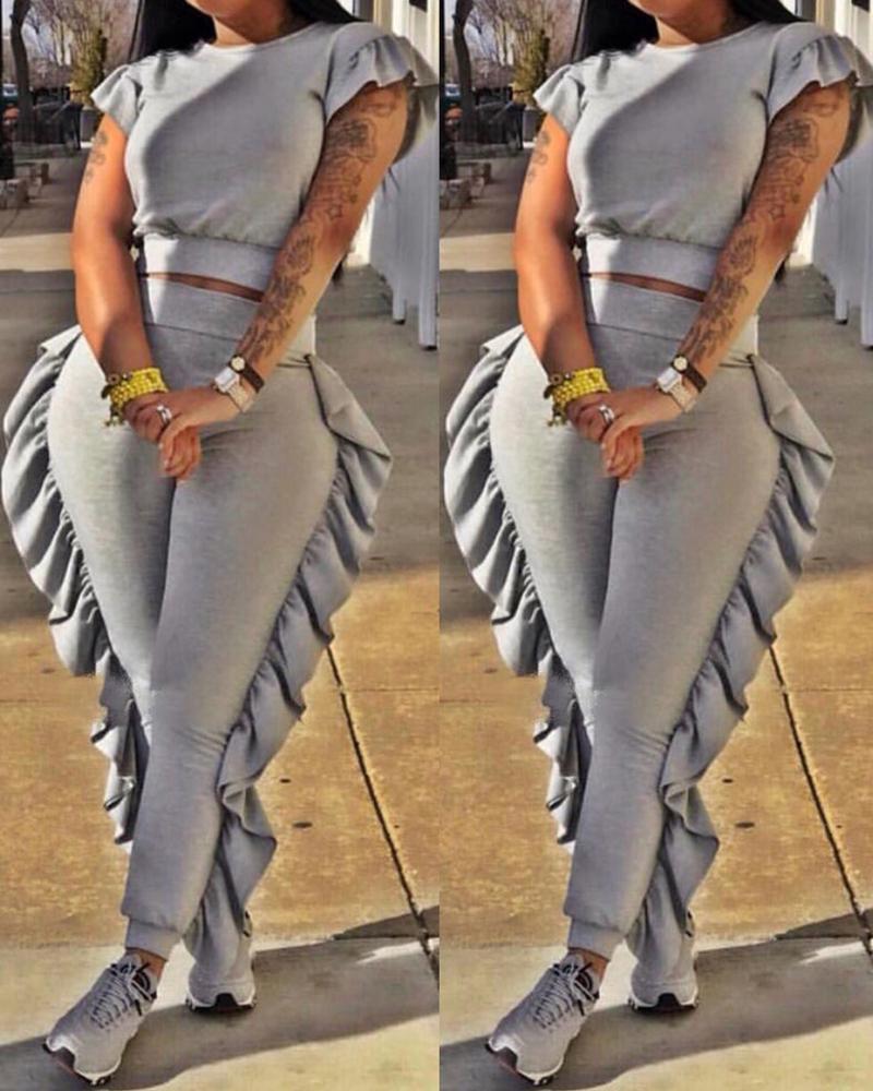 Ruffle Hem Top & High Waist Pants Set