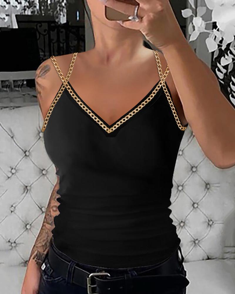 

Chain Decor V-Neck Tank Top, Black