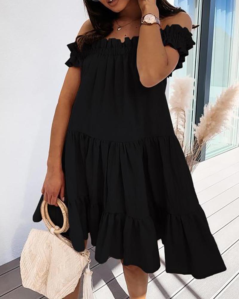 

Off Shoulder Frill Hem Plain Ruched Dress, Black