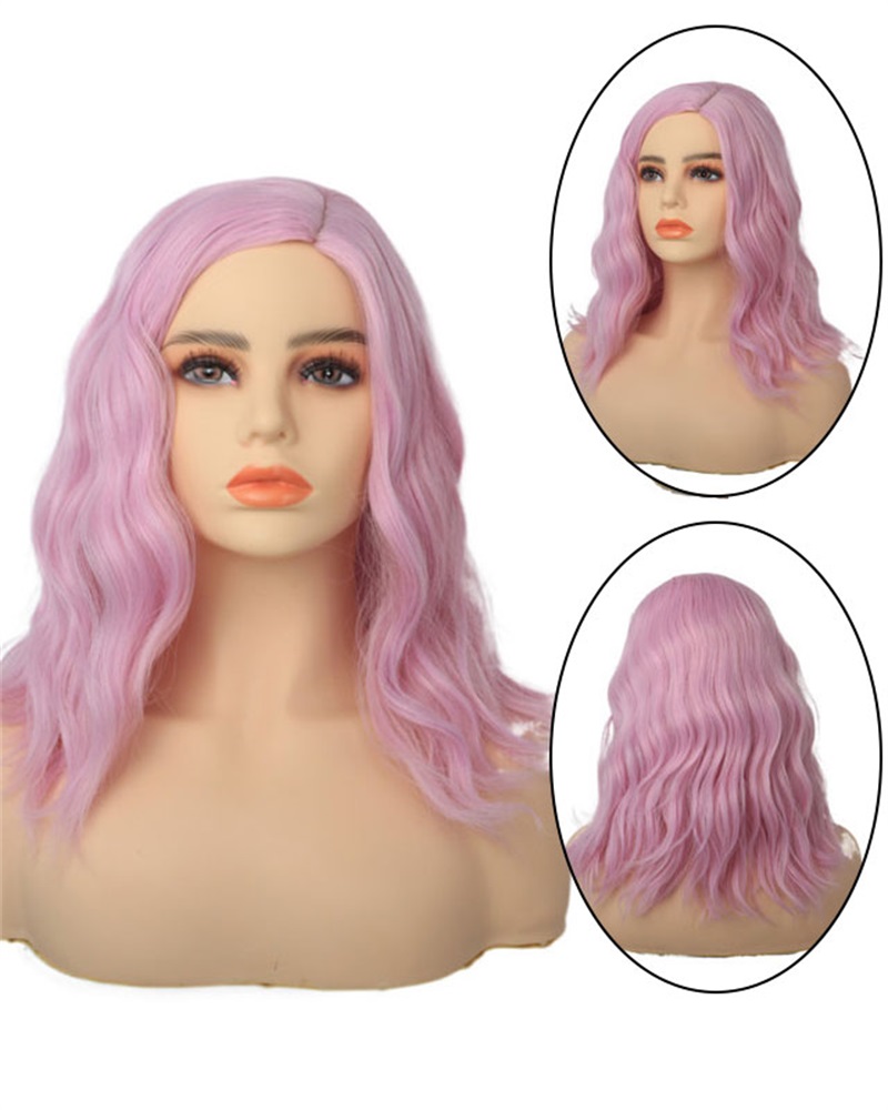 

Curly Hair Wig Shoulder Length Natural Looking Synthetic Wavy Wigs, Pink