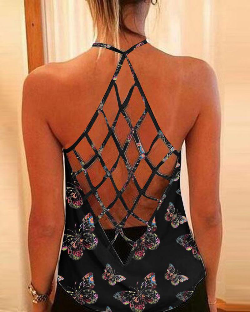 

Cutout Backless Halter Butterfly Print Top, Black