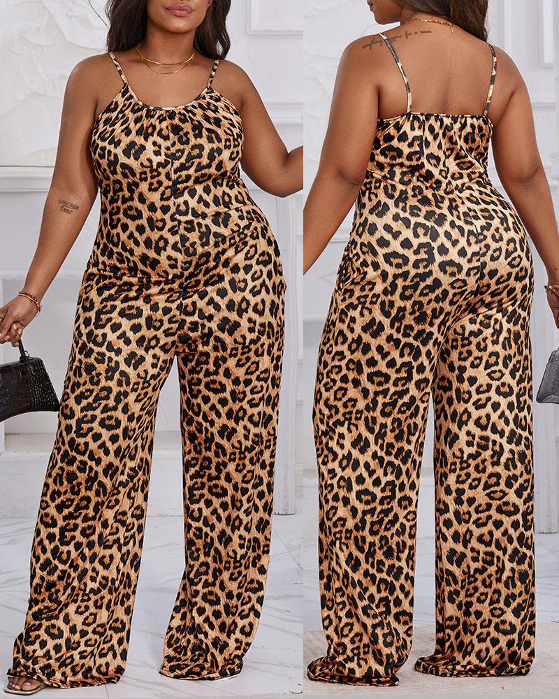 

Plus Size Leopard Print Spaghetti Strap Jumpsuit