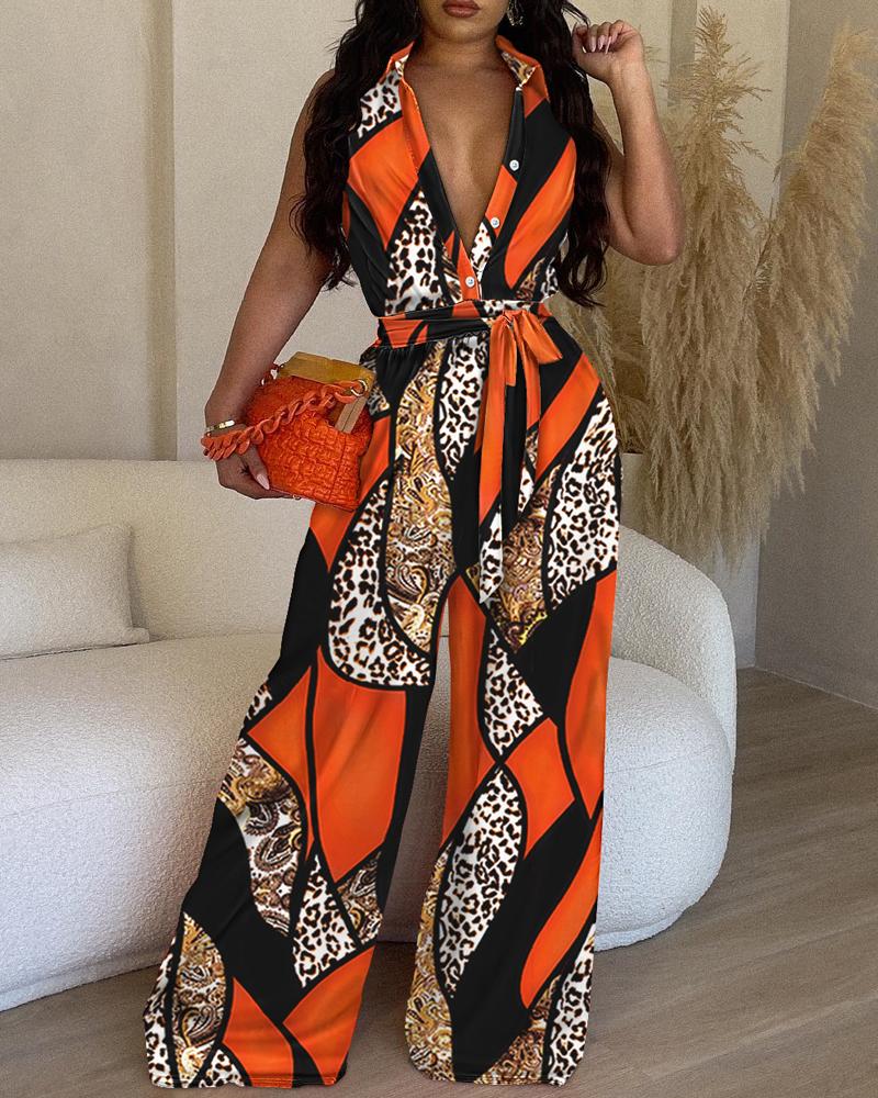 

Baroque Leopard Print Wide Leg Jumpsuit, Orange