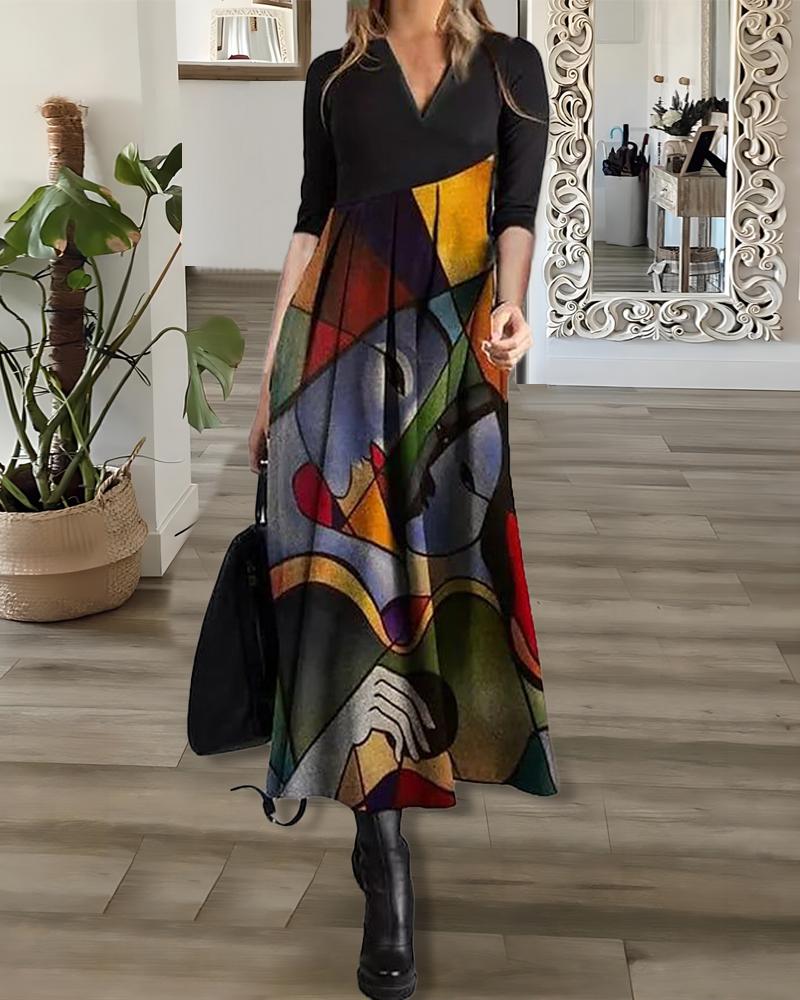 

Abstract Figure Print Long Sleeve Casual Dress, Black