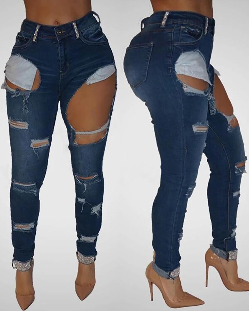 

Ripped High Waist Pocket Design Cutout Jeans, Dark blue