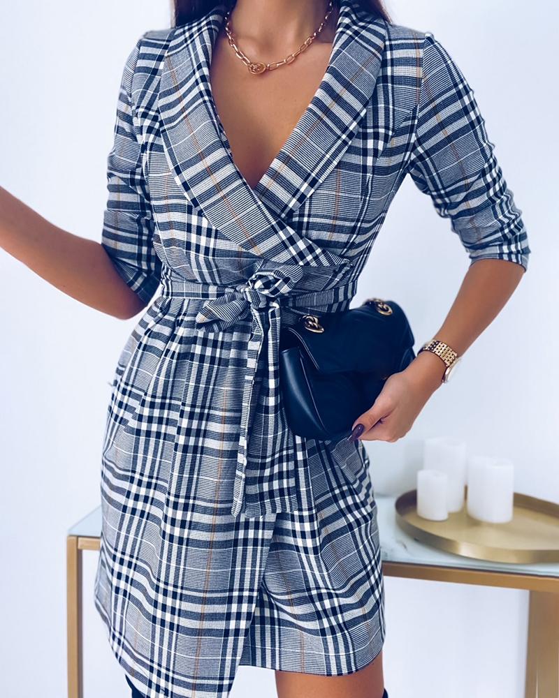 

Plaid Print Tied Detail Blazer Dress With Belt, Gray