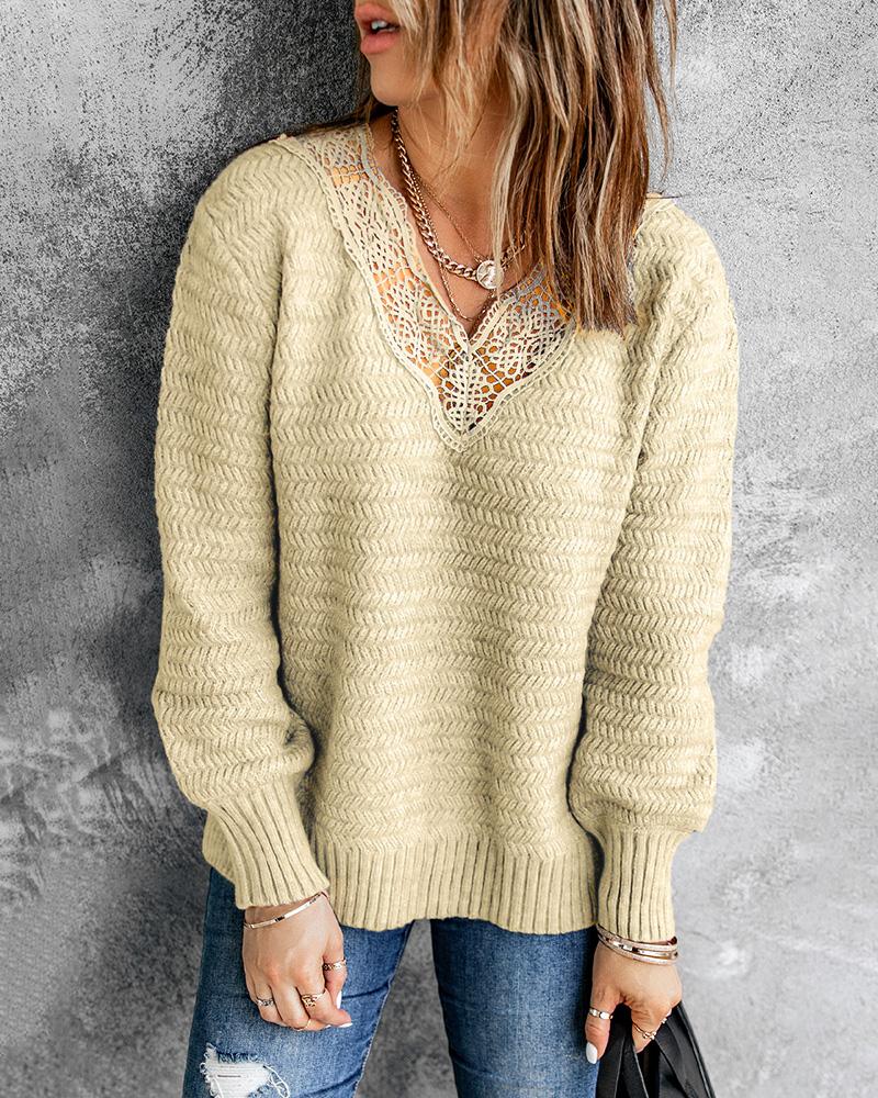 

V-Neck Lace Patch Long Sleeve Sweater, Beige