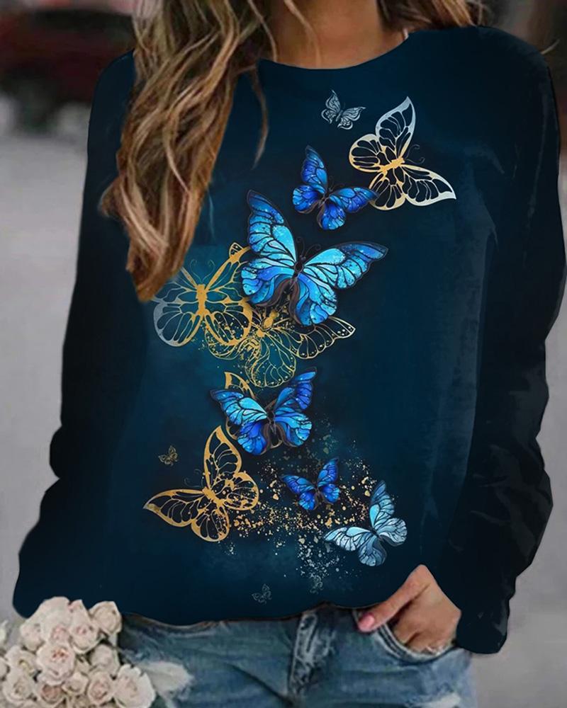 

Butterfly Print Long Sleeve Casual Top, Black