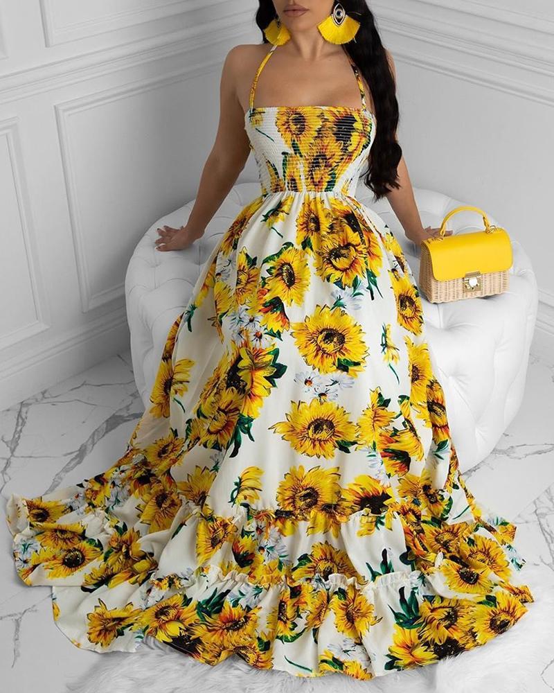 

Open Back Print Bandage Maxi Dress, Yellow