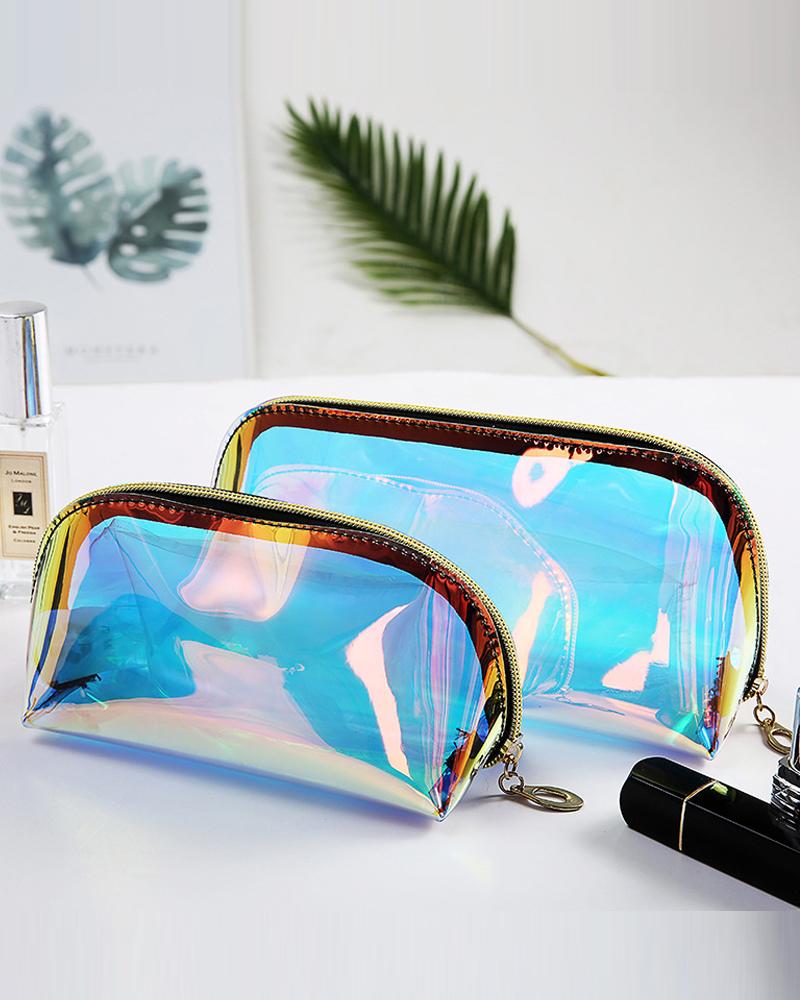 

2PCS Holographic Makeup Bag Cosmetic Travel Bag Portable Waterproof Iridescent Pouch Makeup Organizer, Multicolor
