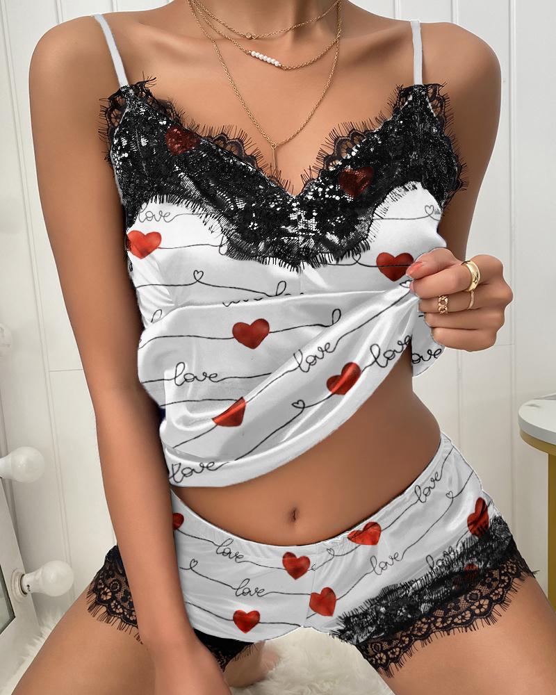 

Heart Print Contrast Eyelash Lace Cami Sets, White