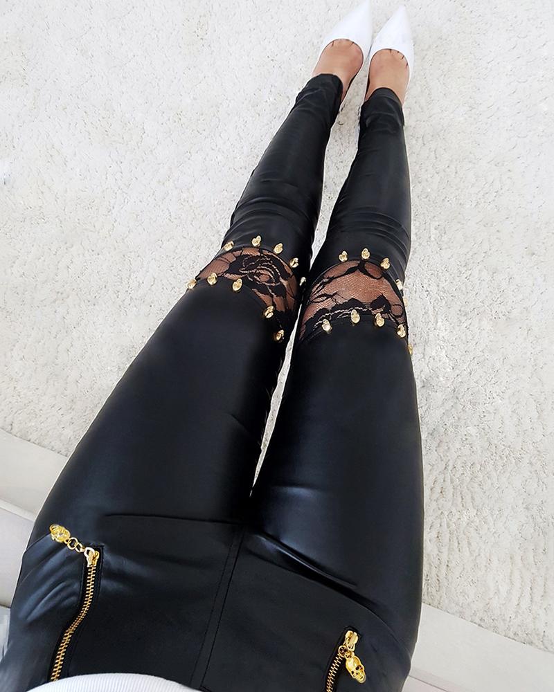 

PU Leather Lace Patch Zipper Design Pants, Black