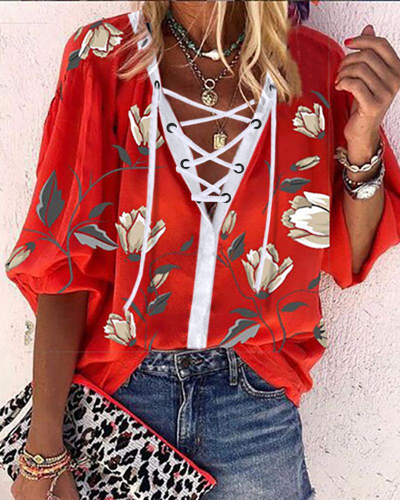 

Eyelet Lace-up Lantern Sleeve Floral Print Top, Red