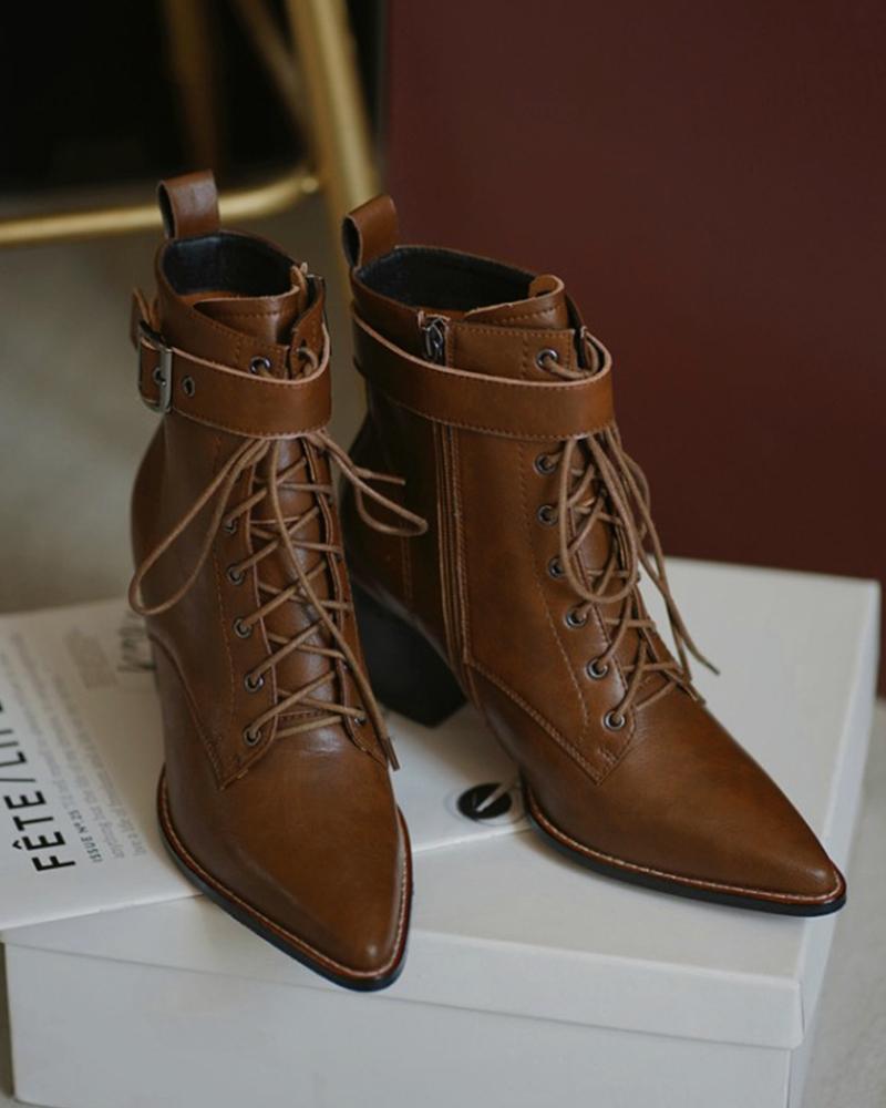 

Solid Pointed Toe Low Heel Biker Boots, Coffee