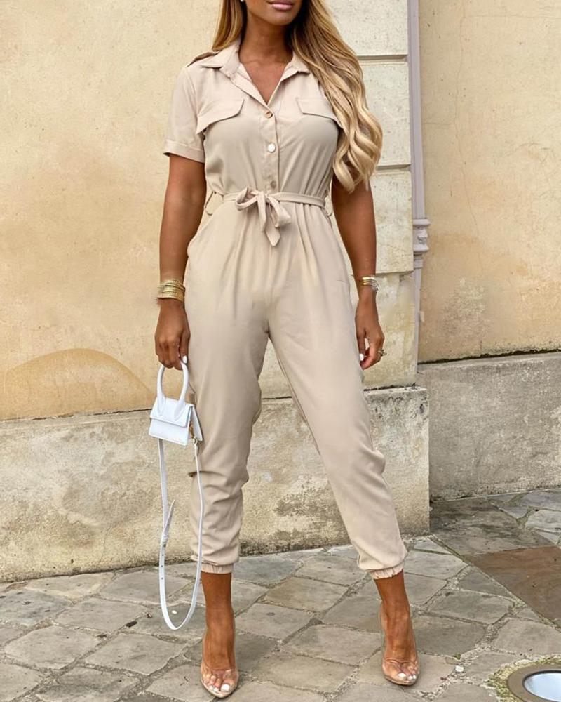 

Pocket Design Short Sleeve Buttoned Jumpsuit, Beige