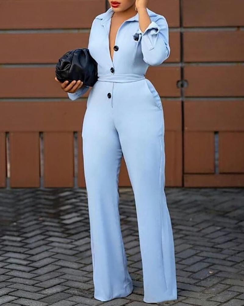 

Button Design Long Sleeve Wide Leg Jumpsuit, Blue