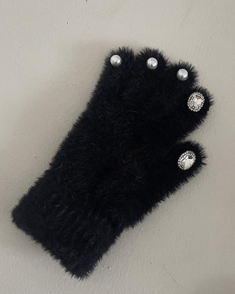 

1Pair Gem Stone Decor Fuzzy Thermal Gloves, Black
