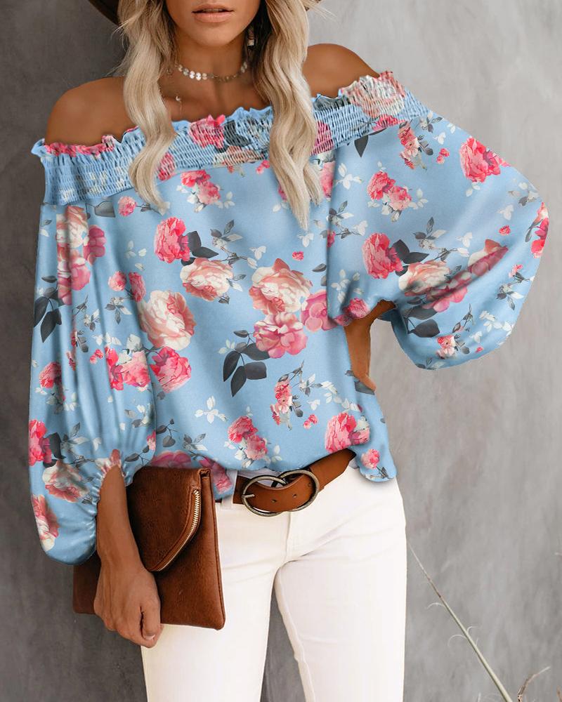 

Floral Print Off Shoulder Shirred Top, Blue
