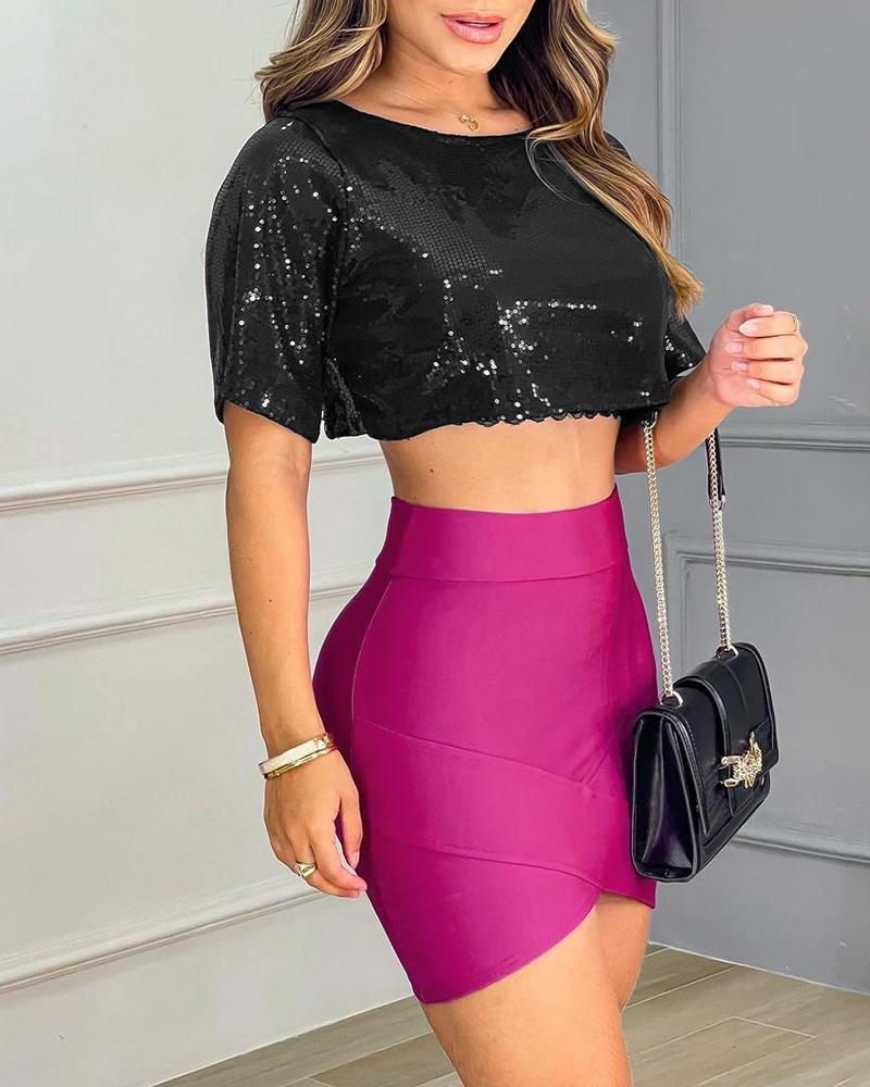 

Sequins Crop Top & High Waist Skirt Sets, Black