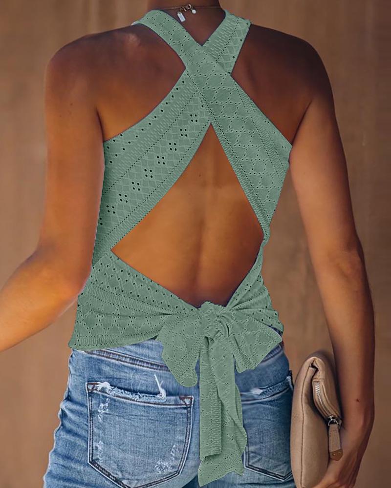 

Eyelet Embroidery Tied Detail Backless Top, Green