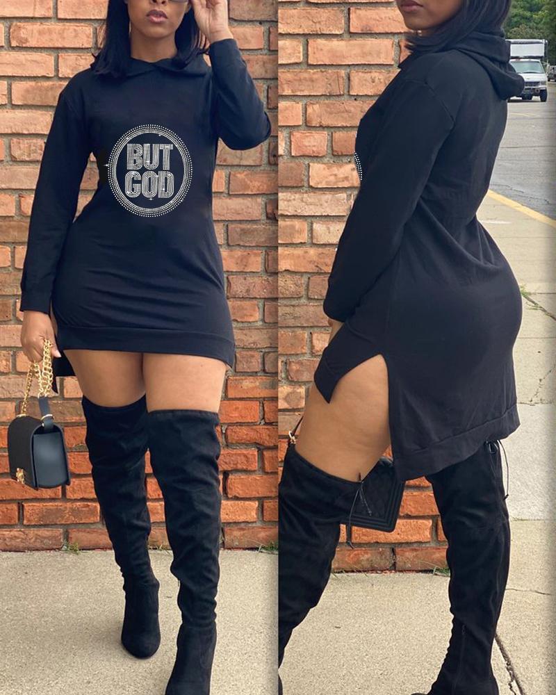 

Rhinestone Letter Pattern Long Sleeve Sweatshirt Dress, Black