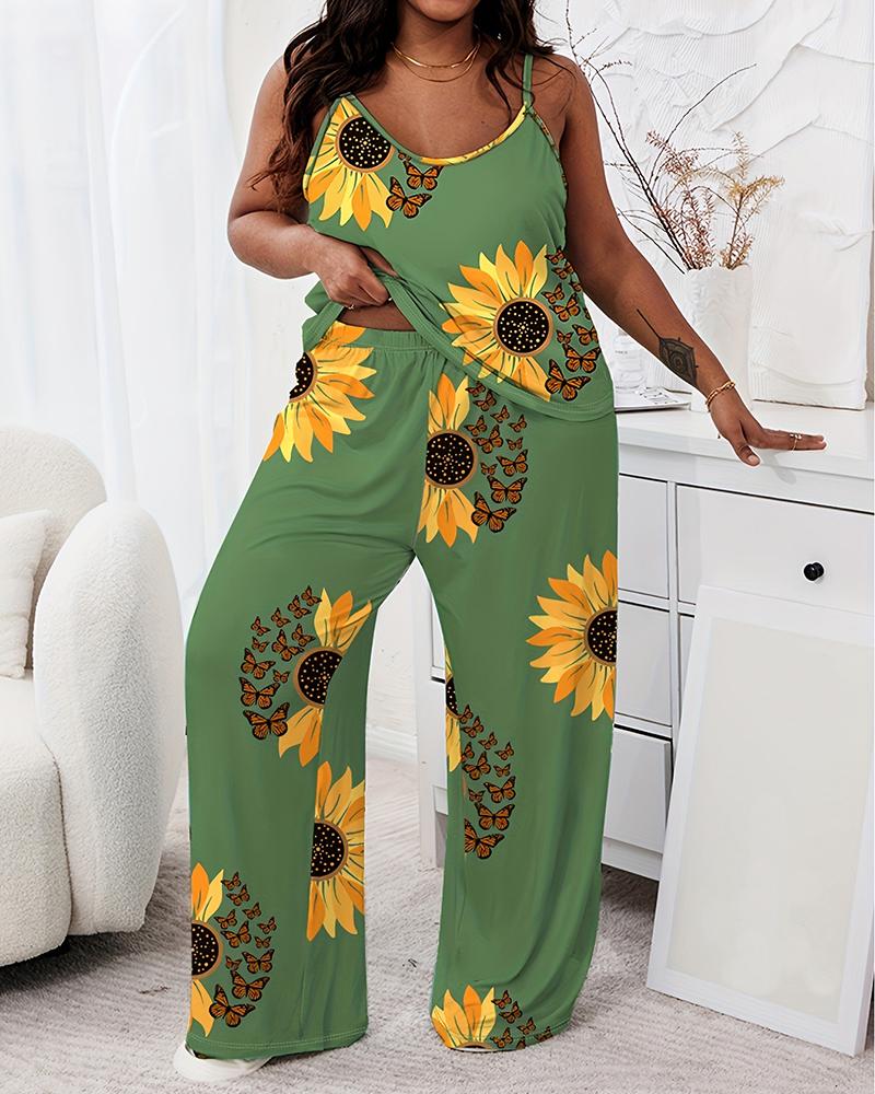 

Plus Size Sunflower Butterfly Print Spaghetti Strap Pajamas Set, Green