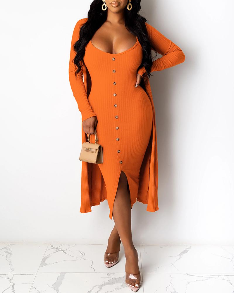

Solid Ribbed Buttoned Dress & Longline Coat, Orange