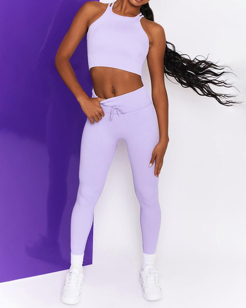

O-neck Sleeveless Drawstring Sporty Active Set, Purple