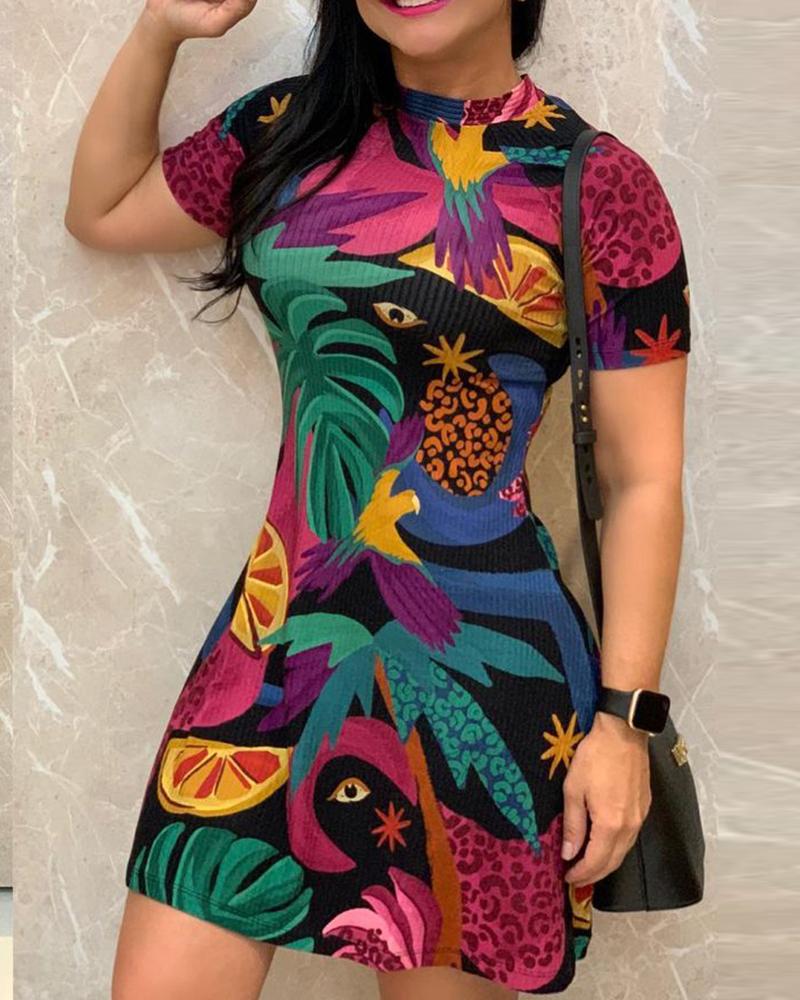 

Short Sleeve Graphic Print Bodycon Dress, Black