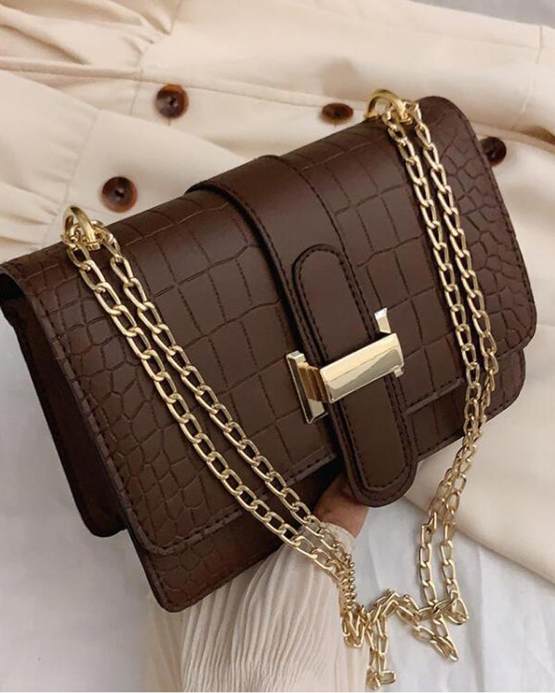 

Embossed Chain Strap Flap Shoulder Bag, Brown