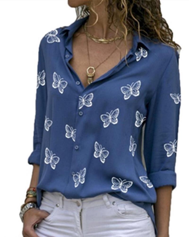 

Butterflies Print Long Sleeve Shirt, Blue