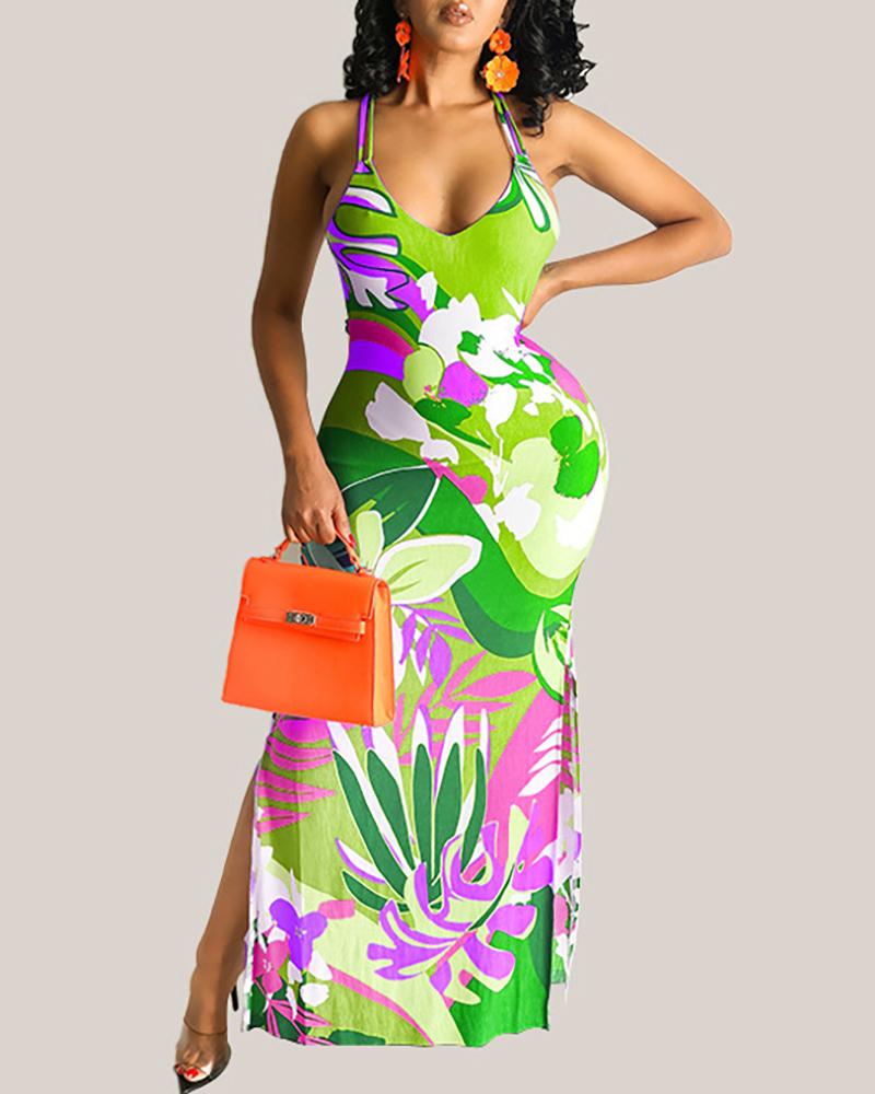 

Floral Print Halter Backless Slit Cutout Maxi Dress, Green