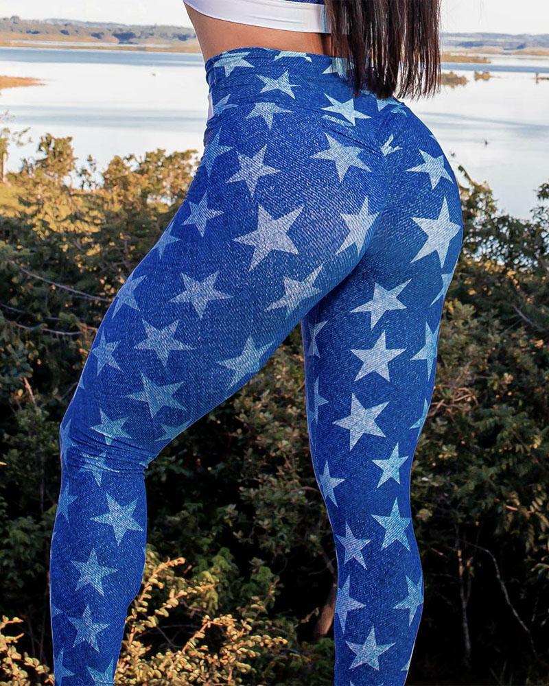 

Star Print High Waist Scrunch Butt Lifting Leggings, Blue