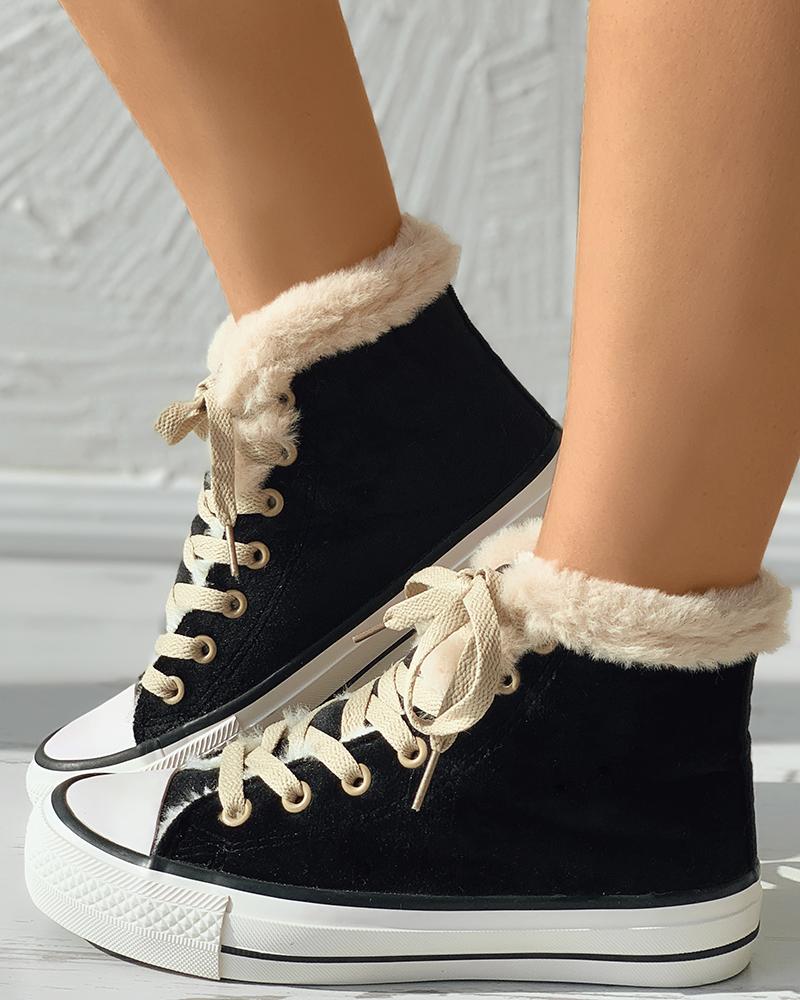 

Eyelet Lace-up Lined Canvas Shoes, Black