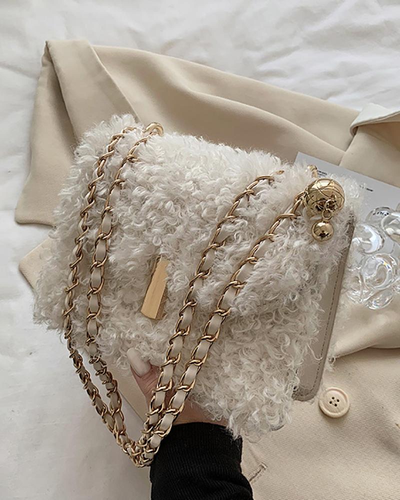 

Golden Ball Decor Fluffy Chain Shoulder Bag, White